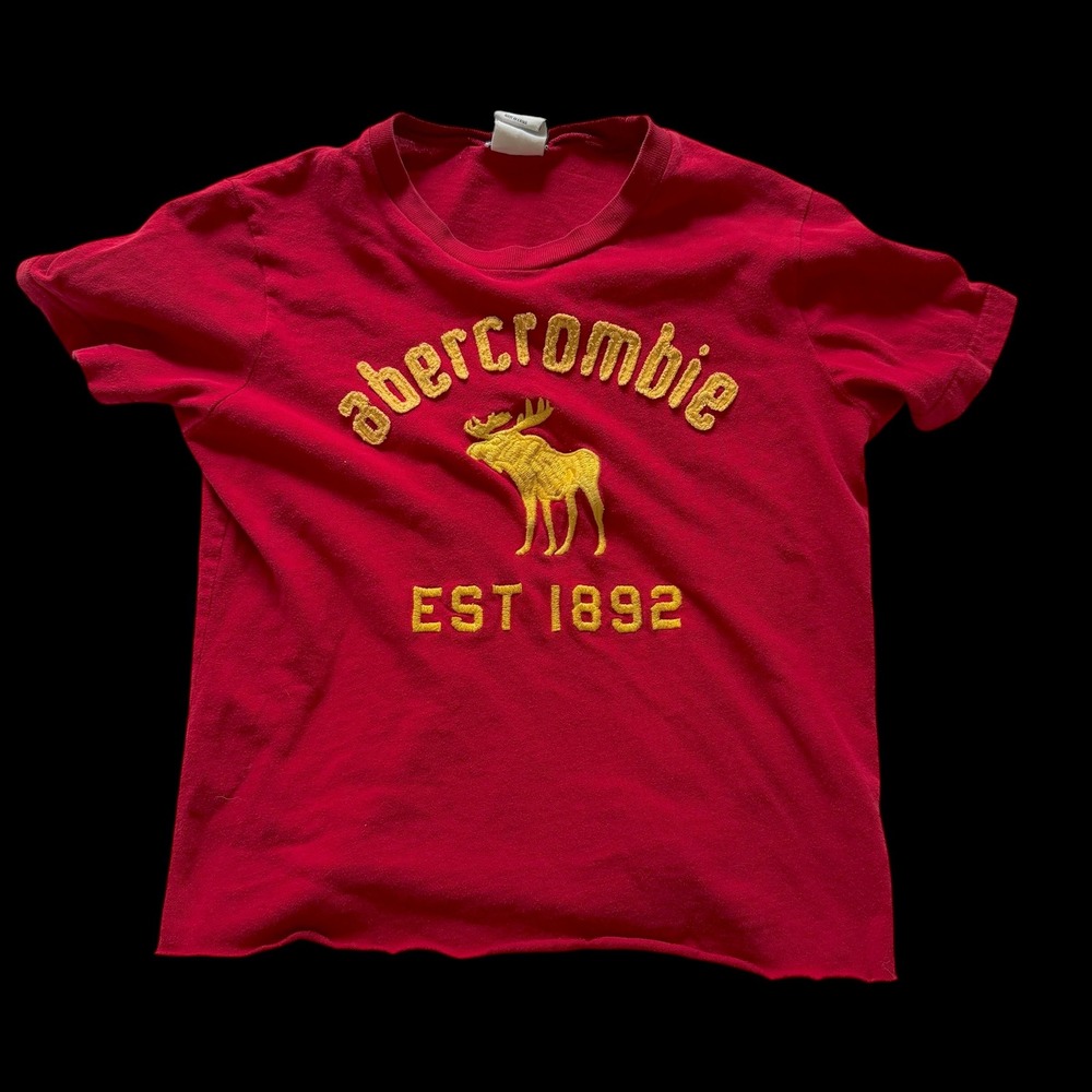 90's Abercrombie Kids Red Muscle Tee Embroidered Moose Logo Raw Hem Small